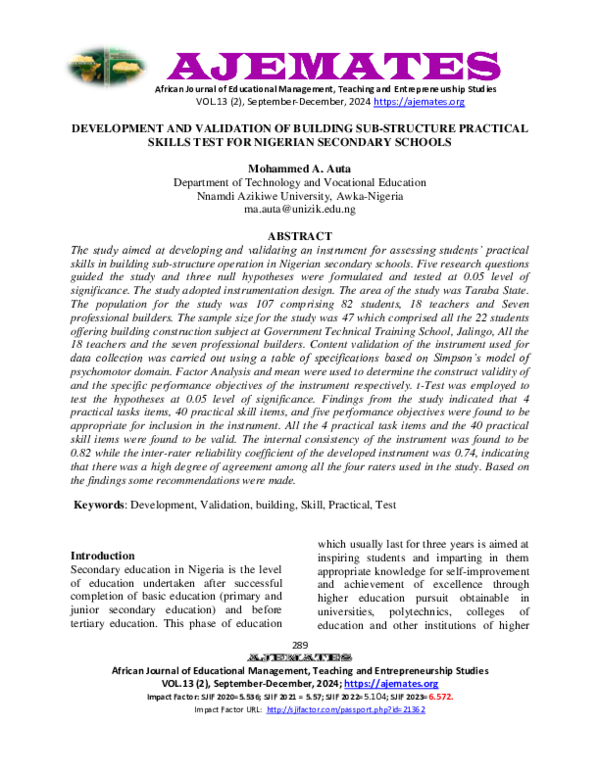(PDF) DEVELOPMENT AND VALIDATION OF BUILDING SUB-STRUCTURE PRACTICAL ...