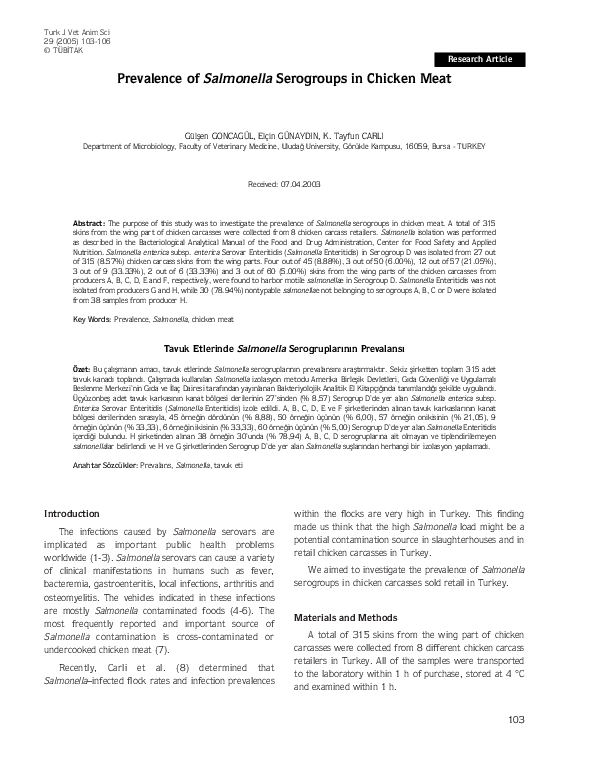 (PDF) Prevalence of Salmonella serogroups in chicken meat | Elcin ...