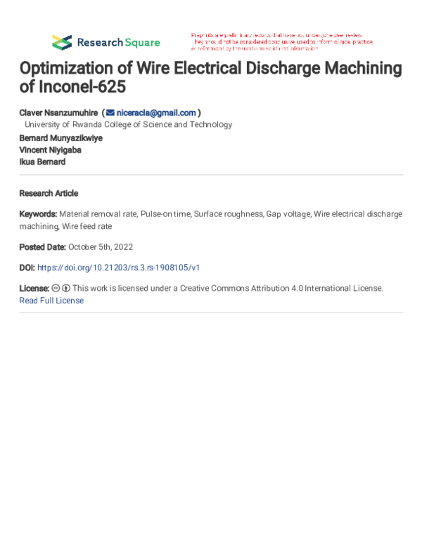 (PDF) Optimization of Wire Electrical Discharge Machining of Inconel-625