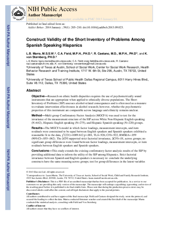 (PDF) Construct validity of the Short Inventory of Problems among ...