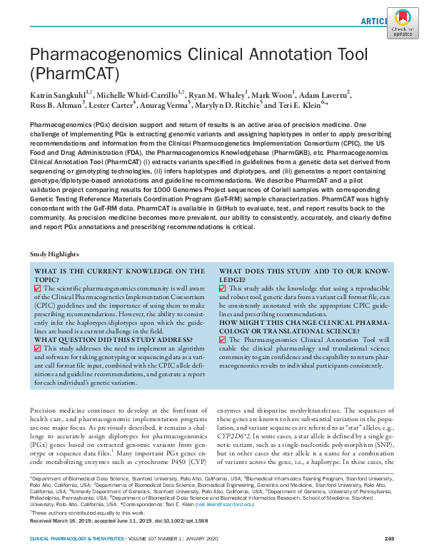 (PDF) Pharmacogenomics Clinical Annotation Tool (PharmCAT)