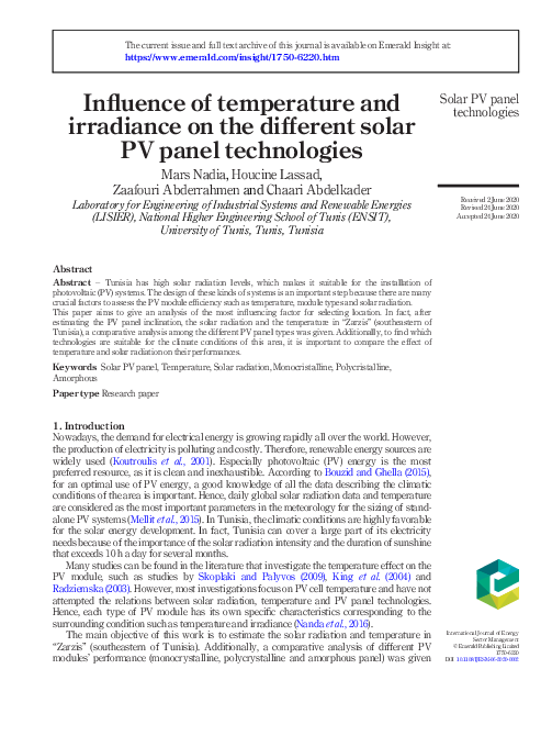 (PDF) Influence of temperature and irradiance on the different solar PV ...