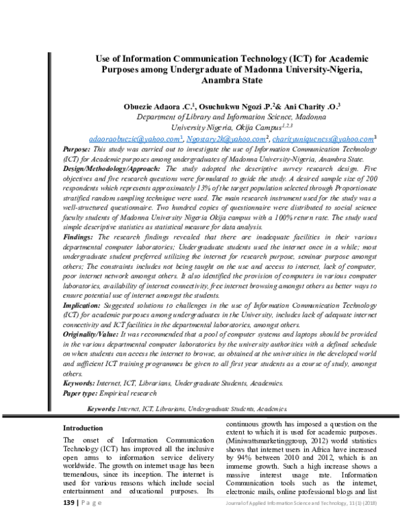 (PDF) Use of Information Communication Technology (ICT) for Academic