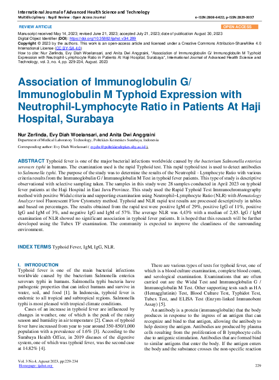 (PDF) Expression of Immunoglobulin G / Immunoglobulin M Typhoid On ...