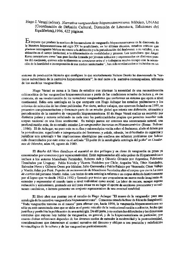 (PDF) Hugo J. Verani (editor) Narrativa vanguardista hispanoamericana