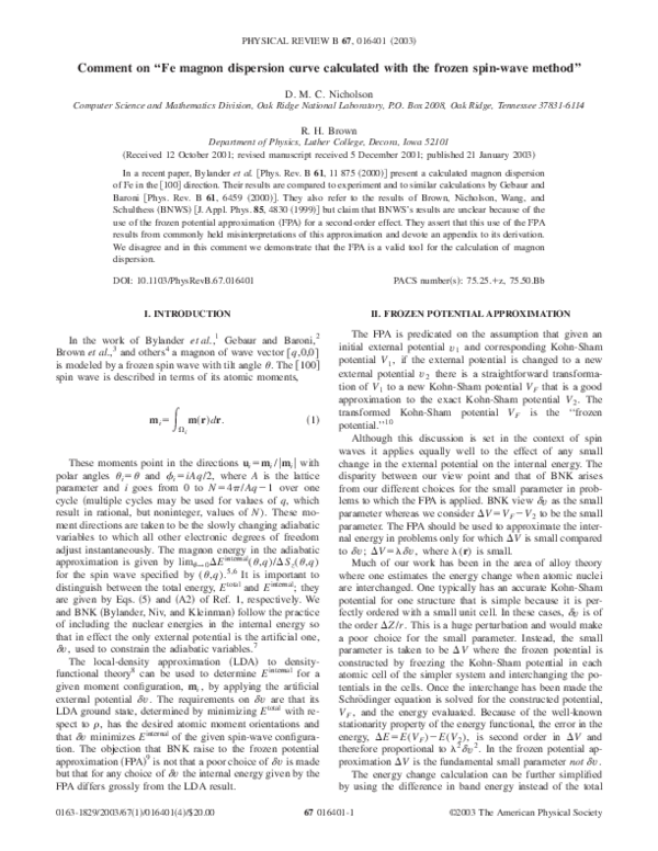 (PDF) Comment on “Fe magnon dispersion curve calculated with the frozen ...