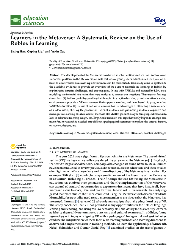 (PDF) Learners in the Metaverse: A Systematic Review on the Use of ...