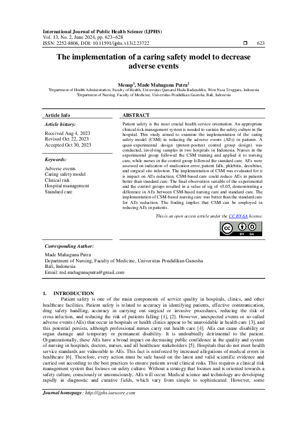 (PDF) The implementation of a caring safety model to decrease adverse ...