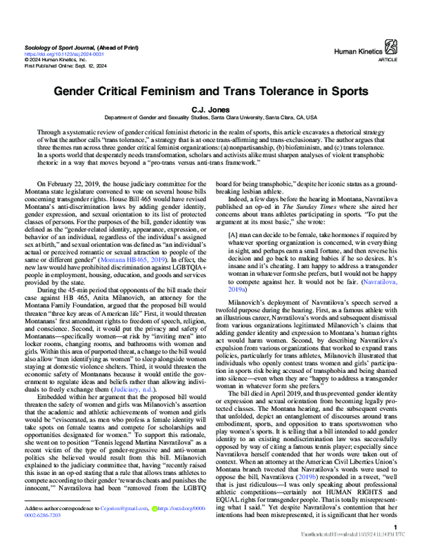 (PDF) Gender Critical Feminism and Trans Tolerance in Sports