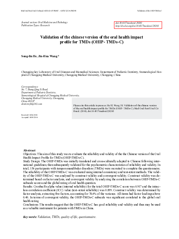 (PDF) Validation of a Chinese version of the Oral Health Impact Profile ...