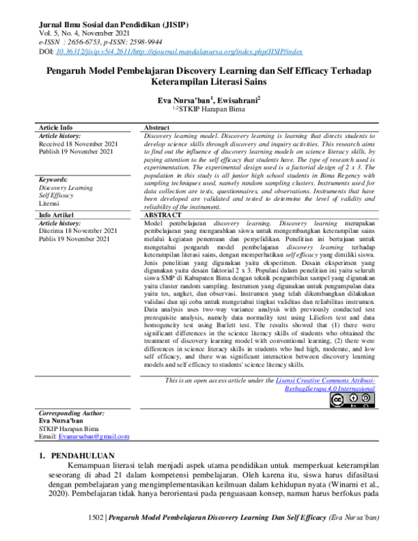 (PDF) Pengaruh Model Pembelajaran Discovery Learning dan Self Efficacy ...