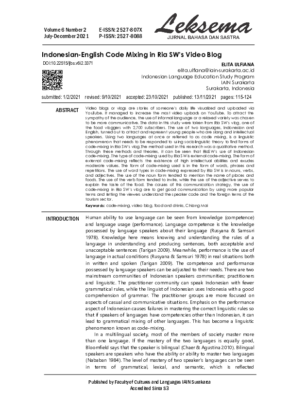 (PDF) Indonesian-English Code Mixing in Ria SW'S Video Blog