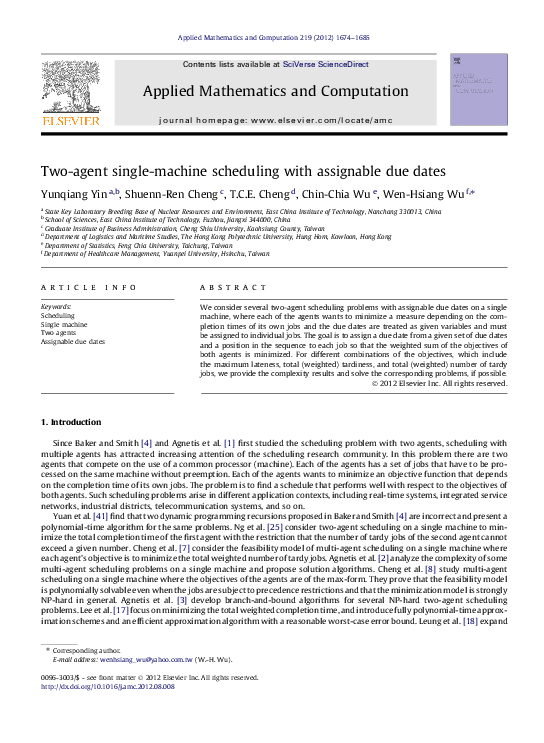 (PDF) Two-agent single-machine scheduling with assignable due dates