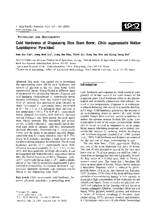 (PDF) Cold Hardiness of Diapausing Rice Stem Borer, Chilo suppressalis ...