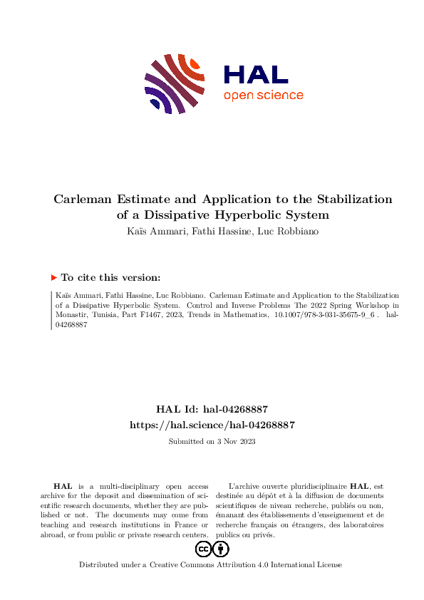 (PDF) Carleman Estimate and Application to the Stabilization of a ...