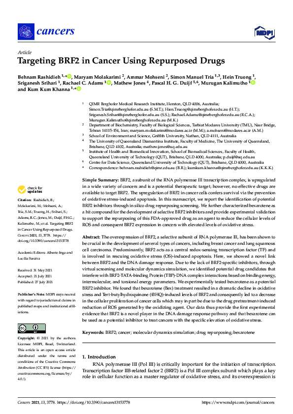 (PDF) Targeting BRF2 in Cancer with Repurposed Drugs Using in Silico ...