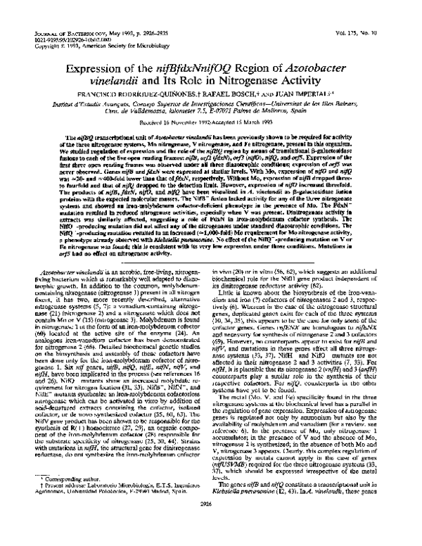 (PDF) Expression of the nifBfdxNnifOQ region of Azotobacter vinelandii ...