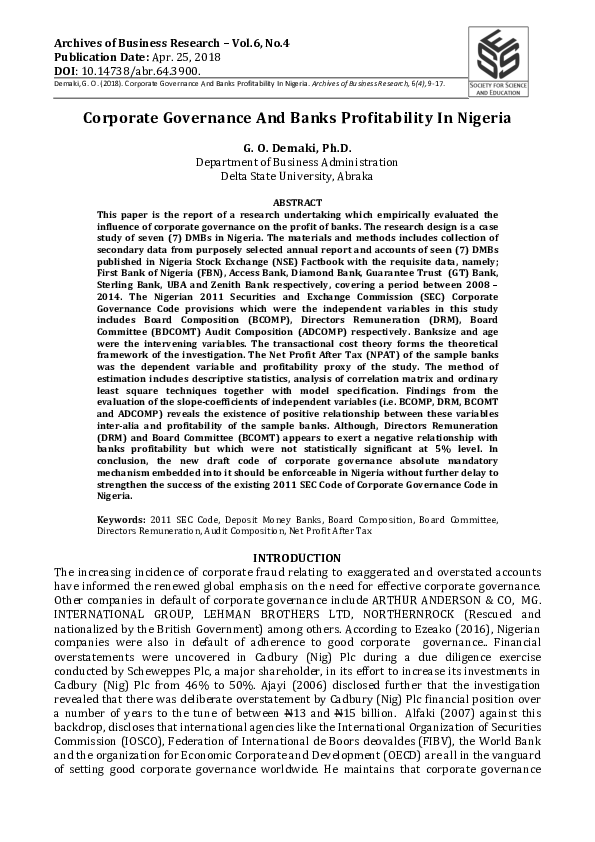 (PDF) Corporate Governance And Banks Profitability In Nigeria