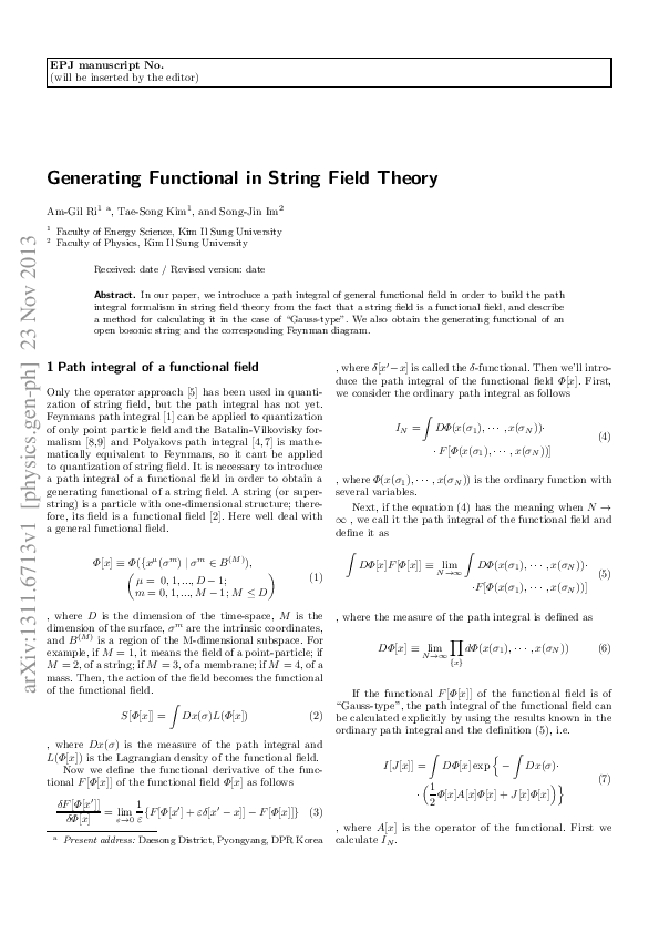(PDF) Generating Functional in String Field Theory