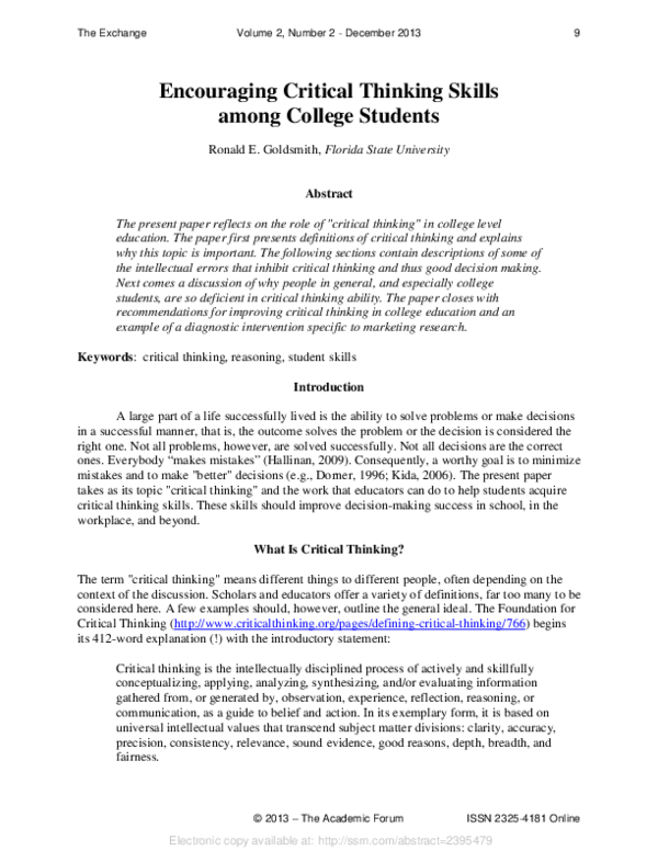 (PDF) Encouraging Critical Thinking Skills among College Students