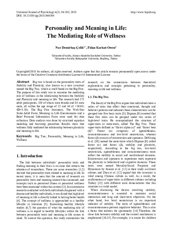(PDF) Personality and Meaning in Life: The Mediating Role of Wellness