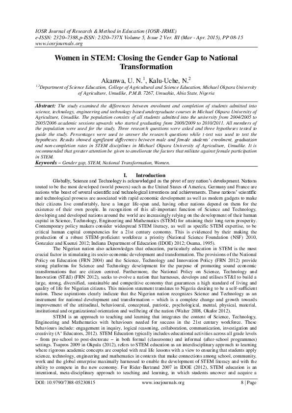 (PDF) Women in STEM: Closing the Gender Gap to National Transformation