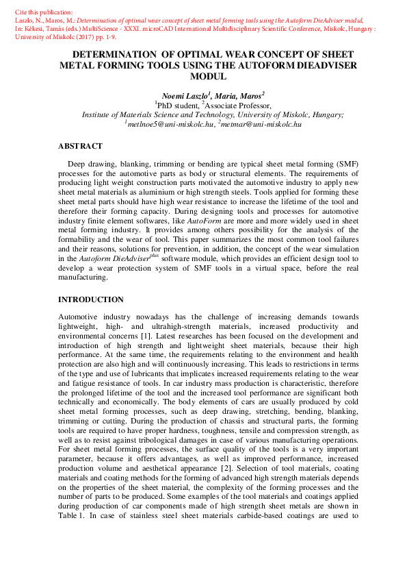 (PDF) Determination of Optimal Wear Concept of Sheet Metal Forming ...