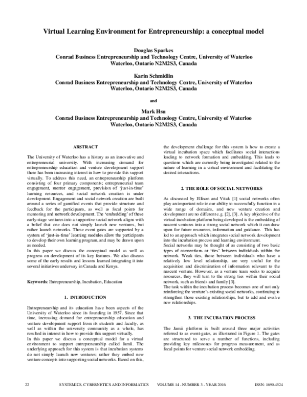 (PDF) Virtual Learning Environment for Entrepreneurship : a conceptual ...