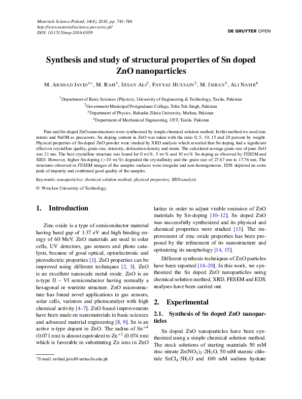 (PDF) Synthesis and study of structural properties of Sn doped ZnO ...