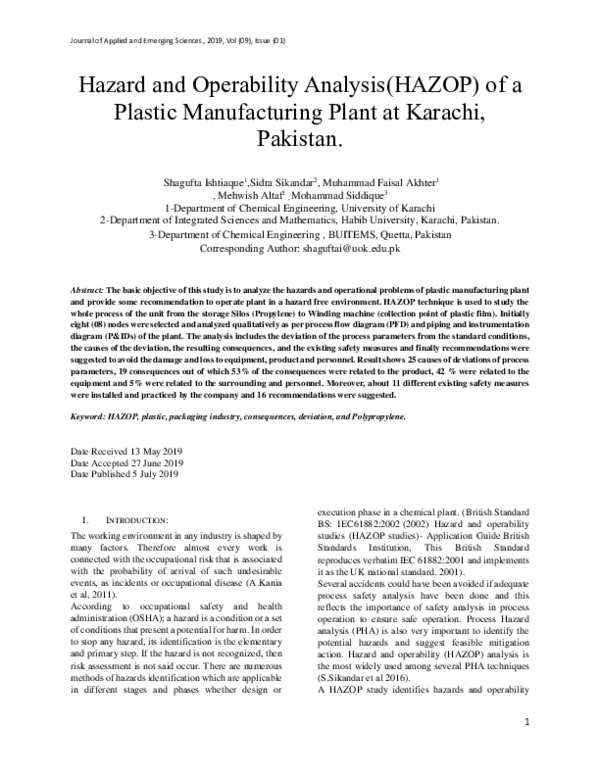 (PDF) Hazard and Operability Analysis(HAZOP) of a Plastic Manufacturing ...