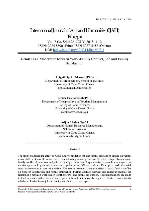 (PDF) Gender as a moderator between work-family conflict, job and ...