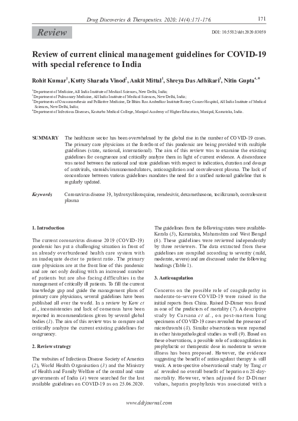 (PDF) Review of current clinical management guidelines for COVID-19 ...