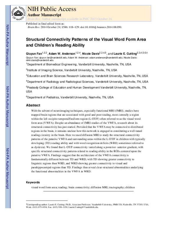 (PDF) Structural connectivity patterns associated with the putative ...