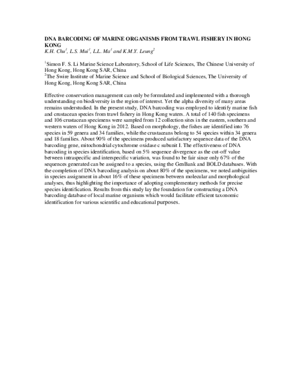 (PDF) DNA barcoding of marine organisms from trawl fishery in Hong Kong
