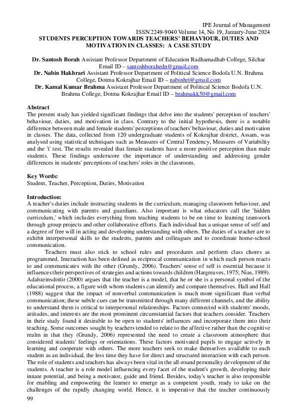 (PDF) STUDENTS PERCEPTION TOWARDS TEACHERS' BEHAVIOUR, DUTIES AND ...