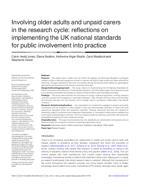 (PDF) Involving older adults and unpaid carers in the research cycle ...