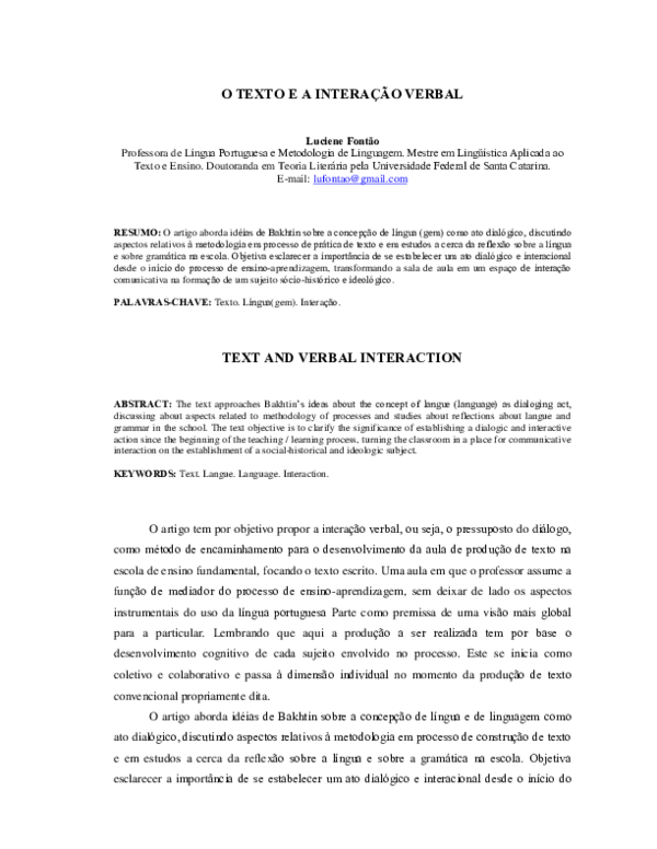 (PDF) O Texto e a Interação Verbal Text and Verbal Interaction