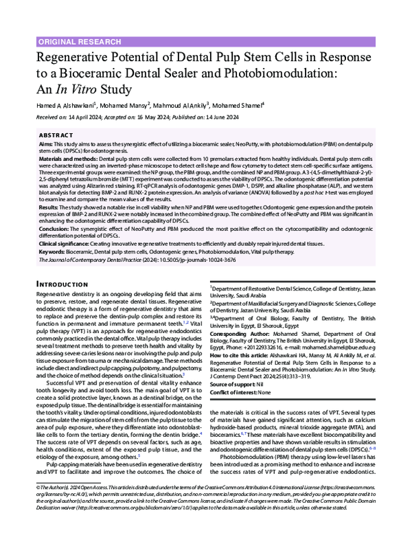 (PDF) Regenerative Potential of Dental Pulp Stem Cells in Response to a ...