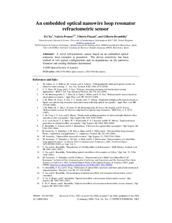 (PDF) An embedded optical nanowire loop resonator refractometric sensor