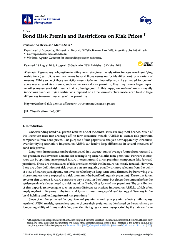 (PDF) Bond Risk Premia and Restrictions on Risk Prices