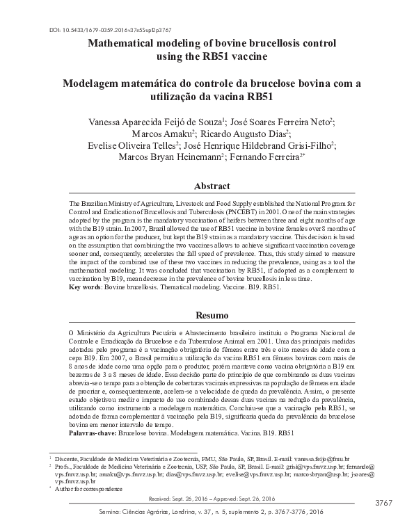 (PDF) Mathematical modeling of bovine brucellosis control using the ...
