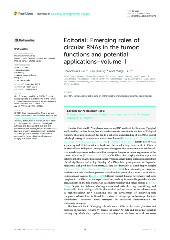 (PDF) Editorial: Emerging roles of circular RNAs in the tumor ...
