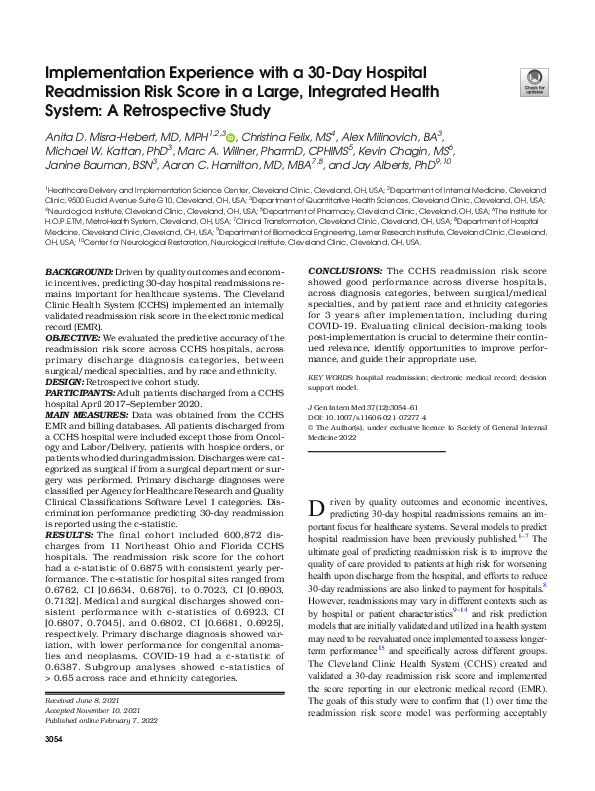 (PDF) Implementation Experience with a 30-Day Hospital Readmission Risk ...