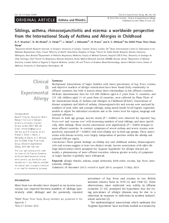 (PDF) Siblings, asthma, rhinoconjunctivitis and eczema: a worldwide ...