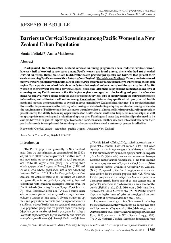 (PDF) Barriers to Cervical Screening among Pacific Women in a New ...