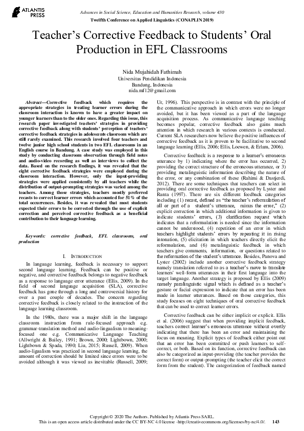 (PDF) Teacher’s Corrective Feedback to Students’ Oral Production in EFL ...