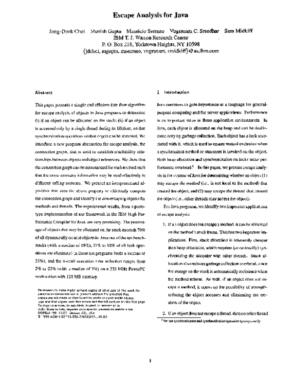 (PDF) Escape analysis for Java