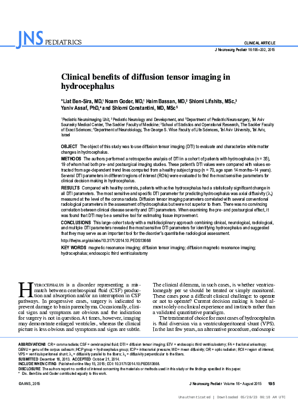(PDF) Clinical benefits of diffusion tensor imaging in hydrocephalus