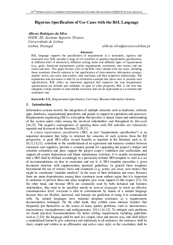 (PDF) Rigorous Specification of Use Cases with the RSL Language