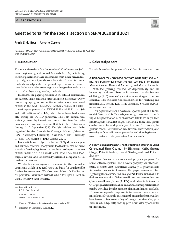 (PDF) Guest editorial for the special section on SEFM 2020 and 2021 ...